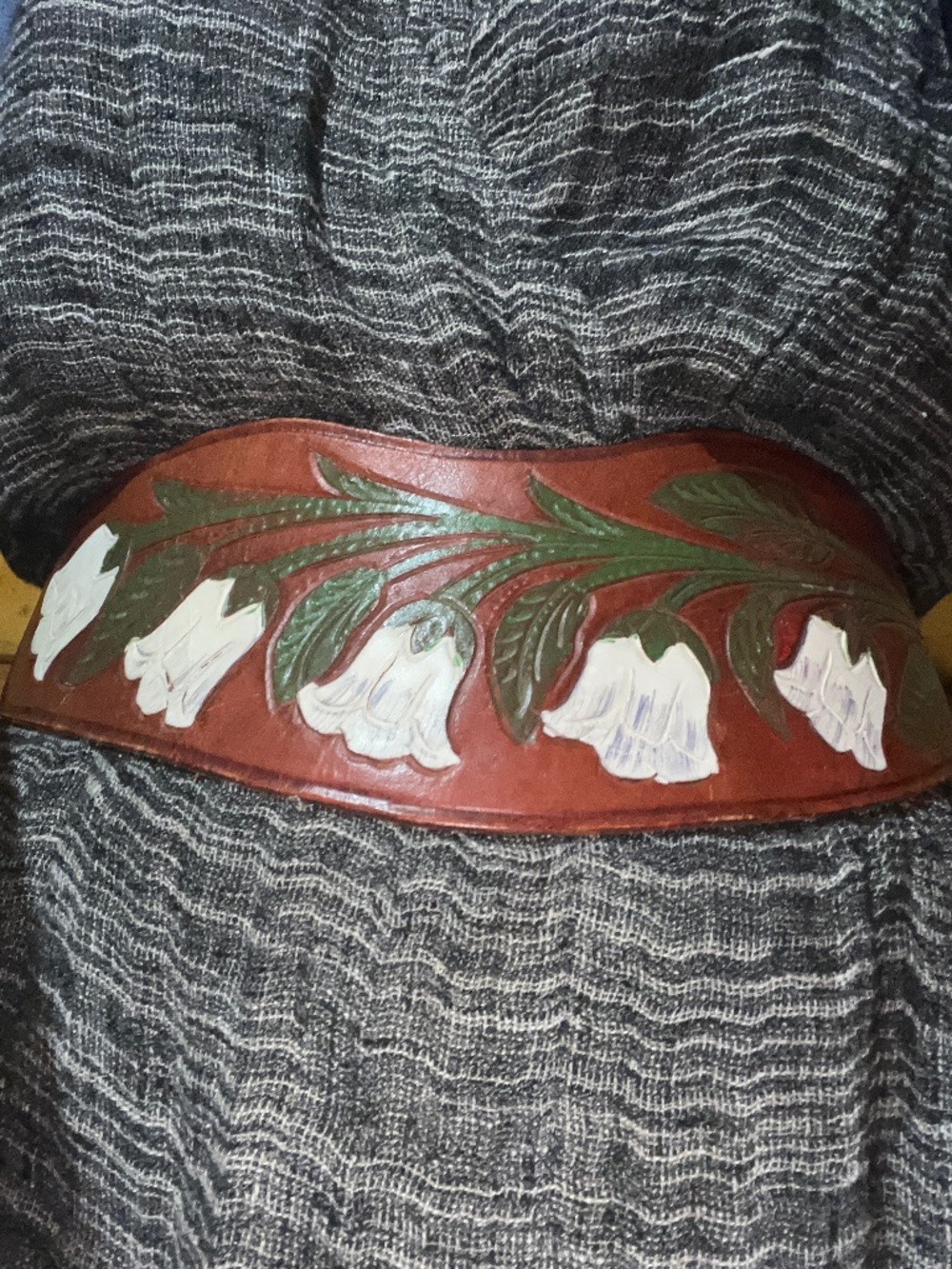 Unique Painted Tooled Leather Cummerbund Wide Belt Obi